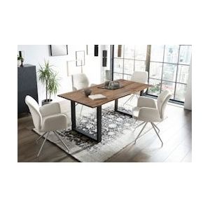 SalesFever eettafel groep 5-delig |160x90cm|tafelblad acacia 26mm walnoot|metalen frame zwart|4 armstoelen 180° draaibaar structuurstof |creme - 371015