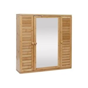 Mendler Spiegelkast HWC-B18, badkamer spiegelkast wandkast, 3 planken 3 deuren bamboe spiegel 60x60x15cm - bruin Glas 86302
