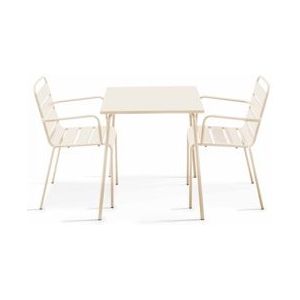 Oviala Business Vierkante tuintafel en 2 ivoorkleurige stalen fauteuils - Oviala - beige Staal 109160