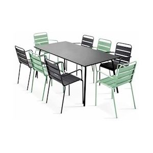 Oviala Business Set van tuintafel en 8 grijze en saliegroene metalen fauteuils - groen Staal 109275