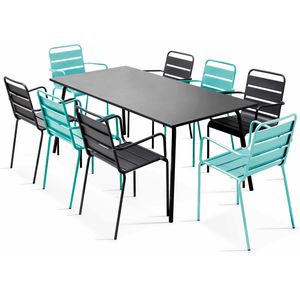 Oviala Business Set van 8 turquoise en grijs metalen fauteuils en tuintafel - blauw Staal 109276