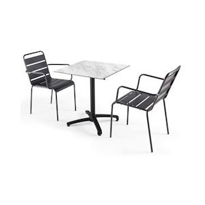 Oviala Business Set van marmeren gelamineerde tuintafel en 2 grijze palavas fauteuils - Oviala - grijs Metaal 107744