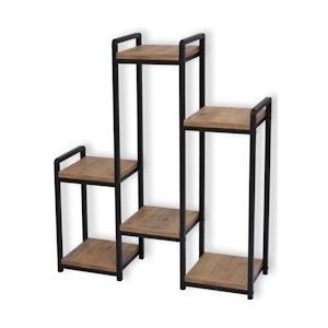 Metalen Plantentafel met Houten Etagères - 67 x 20 x 77 cm - Plantenrek - Tuin Etagere - Plantenzuil - Rechthoekig - zwart Metaal UY-9061