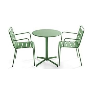 Oviala Business Set van tuintafel en 2 cactusgroene metalen fauteuils - Oviala - groen Staal 106008