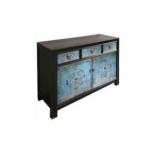 OPIUM OUTLET Meubel Dressoir Kast Buffetkast Huwelijk Kast 33082-8 zwart-turquoise Aziatisch Chinees Oosters Hout - blauw Massief hout 33082-8