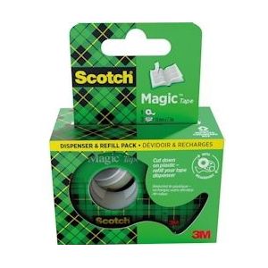 Scotch Magic Tape plakband ft 19 mm x 7,5 m, dispenser + 3 rolletjes, ophangbaar doosje - 4064035027803