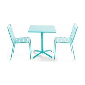 Oviala Business Vierkante terrastafel en 2 turquoise metalen stoelen - Oviala - blauw Staal 109163