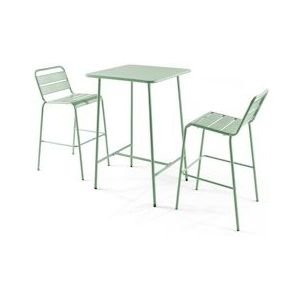 Oviala Business Set van bartafel en 2 hoge stoelen in saliegroen metaal - Oviala - groen Staal 109178