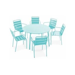 Oviala Business Ronde terrastafel en 6 turquoise stalen fauteuils - Oviala - blauw Staal 109255