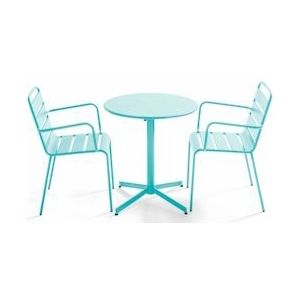Oviala Business Tuintafel en 2 turquoise metalen fauteuils - Oviala - blauw Staal 109175