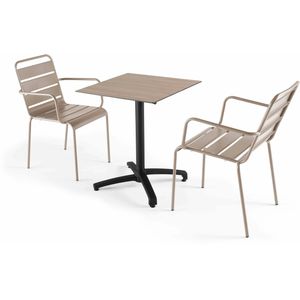 Oviala Business Set van 60 cm licht eiken tafel en 2 taupe metalen fauteuils - grijs Aluminium 111601