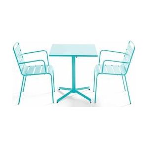 Oviala Business Vierkante terrastafel en 2 turquoise metalen leunstoelen - Oviala - blauw Staal 109167