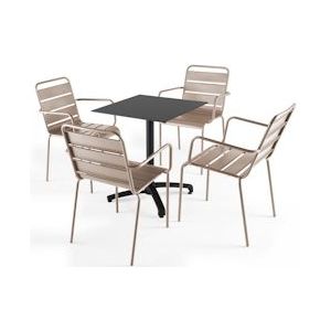 Oviala Business Set van zwart laminaat terrastafel en 4 taupe fauteuils - grijs Metaal 108139