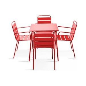 Oviala Business Vierkante terrastafel en 4 roodstalen armstoelen - Oviala - rood Staal 104807