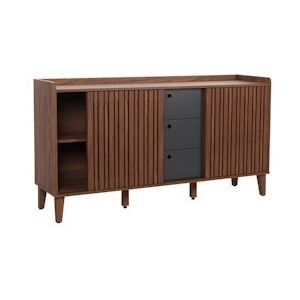 Mendler Dressoir HWC-M48, ladekast, opbergvak met schuifdeur, massief mangohout MDF 81x150x40cm ~ walnoot look, laden donkergrijs - bruin Massief hout 105418+105419