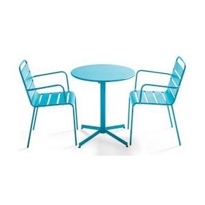 Oviala Business Set van tuintafel en 2 blauwe metalen fauteuils - Oviala - blauw Staal 105406