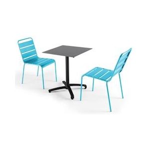 Oviala Business Set van donkere leisteen laminaat tuintafel en 2 blauwe stoelen - Oviala - blauw Metaal 108179