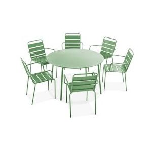Oviala Business Ronde terrastafel en 6 cactusgroene stalen fauteuils - Oviala - groen Staal 106035