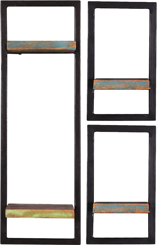 Wandplanken - Kleurrijk - Gerecycled Hout - Antiek Metaal - Set van 3