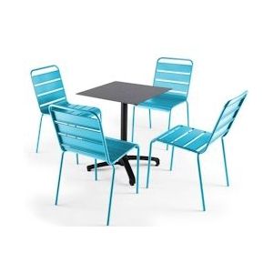 Oviala Business Set van terrastafel in donker leisteen laminaat en 4 blauwe stoelen - blauw Metaal 108209