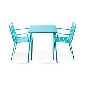Oviala Business Vierkante tuintafel en 2 blauwe stalen fauteuils - Oviala - blauw Staal 104804