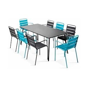 Oviala Business Set van tuintafel en 8 armstoelen in blauw en grijs metaal - blauw Staal 103974