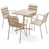 Oviala Business MobeventPro Vierkante uitklapbare terrastafel L.70 x B.70 x H.72 cm en 4 armstoelen L.55 x B.55 x H.83 cm - metaal - Taupe - grijs Staal 105401