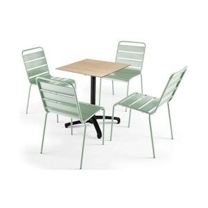 Oviala Business Eiken laminaat tuintafel en 4 saliegroene stoelen - Oviala - groen Metaal 110154