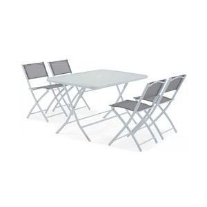 Oviala Business Tuintafel en 4 klapstoelen in staal en grijs glas - Oviala - grijs Staal 104721