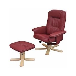 Mendler Relaxfauteuil M56, TV-fauteuil met poef voetenbank, kunstleer eucalyptushout ~ bordeaux - rood Synthetisch materiaal 14033