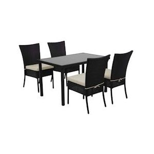 Mendler Poly-rattan set HWC-G19, zitgroep balkon/lounge set, 4x stoel+tafel 120x75cm ~ zwart, kussens crème - zwart Kunststof 2x70949+70951