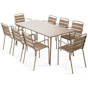 Oviala Business Set van 8 taupe metalen fauteuils en tuintafel - Oviala - grijs Staal 104710