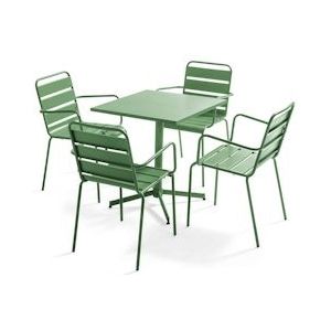 Oviala Business Set van tuintafel en 4 cactusgroene metalen fauteuils - Oviala - groen Staal 106014