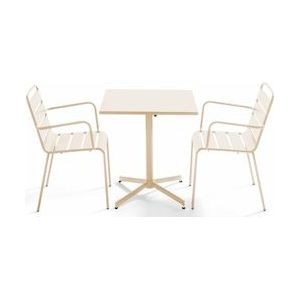 Oviala Business Vierkante terrastafel en 2 ivoorkleurige metalen leunstoelen - Oviala - beige Staal 109168