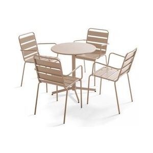 Oviala Business Set van tuintafel en 4 taupe metalen fauteuils - Oviala - grijs Staal 105415