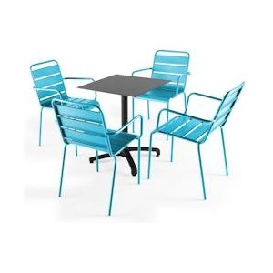 Oviala Business Set van grijze leisteen laminaat terrastafel en 4 blauwe fauteuils - blauw Metaal 108146