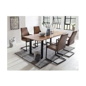 SalesFever eetgroep 5-delig | 160 x 85 cm | tafelblad acacia | metalen frame | 4x stoelen kunstleer-look | naturel - lichtbruin - zwart - meerkleurig 380147