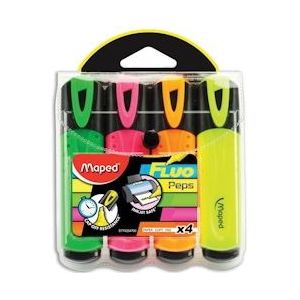 Maped markeerstift Fluo'Peps Classic etui van 4 stuks: geel, oranje, roze en groen, Pak van 12 - 145497