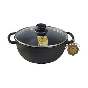 Gietijzeren wok en stoofpan - 5 Liter - Wok pan gietijzer met glazen deksel - Inductie, gas, open vuur en keramisch - PFAS vrij - Zwart - Gietijzer 8720587216756