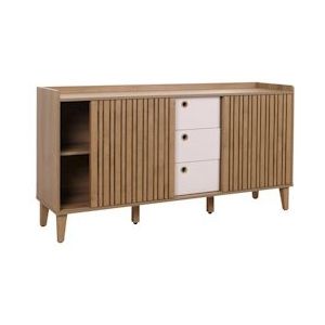 Mendler Dressoir HWC-M48, ladekast, opbergvak met schuifdeur, massief mangohout MDF 81x150x40cm ~ naturel, laden wit - beige Massief hout 105416+105417