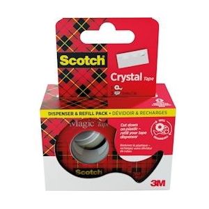 Scotch Crystal Tape plakband ft 19 mm x 7,5 m, dispenser + 3 rolletjes, ophangbaar doosje - 4064035027810