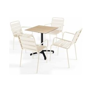 Oviala Business Eiken natuur laminaat tuintafelset met 4 ivoorkleurige armstoelen - Oviala - beige Metaal 110119