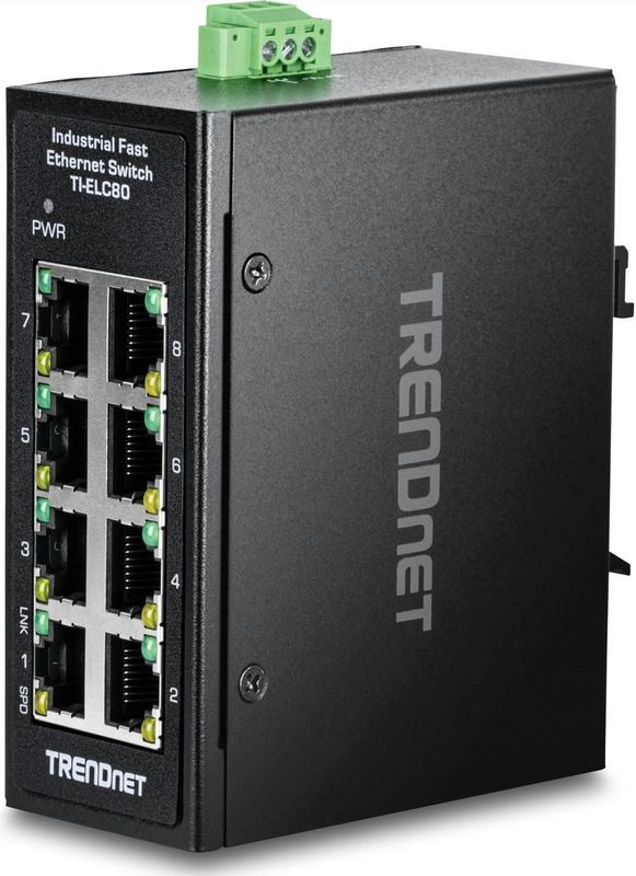 Trendnet - TI-ELC80 - Ethernet Minischakelaar - Zwart - 8 Poorten, IP30, -40°C tot 75°C