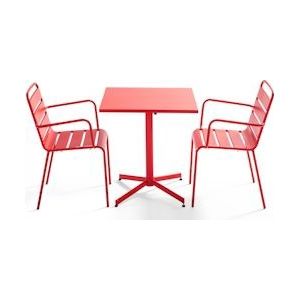Oviala Business Vierkante eettafel en 2 rode metalen armstoelen - Oviala - rood Staal 105390