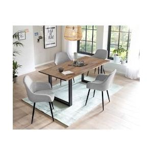 SalesFever eettafel groep 5-delig | 160x90 cm|top acacia 26mm walnoot | metalen frame zwart | 4 armstoelen gestructureerde stof | lichtgrijs-zwart - 370797