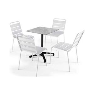 Oviala Business Gelamineerde tuintafel 60 x 60cm marmer en 4 witte palavas stoelen - Oviala - wit Metaal 108217