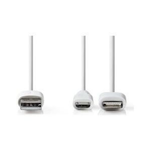 Nedis 2-in-1-Kabel - USB 2.0 - USB-A Male - Apple Lightning 8-Pins / USB Micro-B Male - 480 Mbps - 1.00 m - Vernikkeld - Rond - PVC - Wit - Polybag - 5412810280094