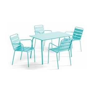 Oviala Business Terrastafel en 4 turquoise metalen fauteuils - Oviala - blauw Staal 109216