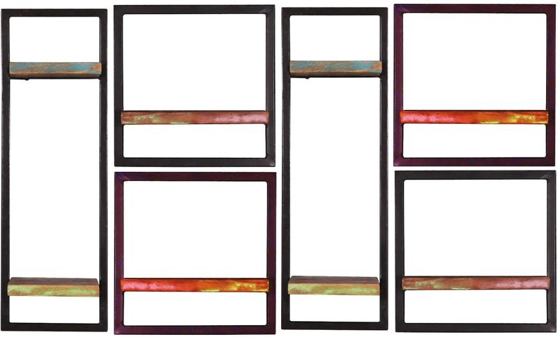 Wandplanken - Kleurrijk Gelakt - Gerecycled Hout - Antiek Getrimd Metaal - Set van 6