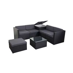 Mendler Poly-rattan set HWC-D21, balkon/tuin/lounge set Zitgroep, opbergvak ~ antraciet, donkergrijze kussens - zwart Kunststof 58613+58614+58615